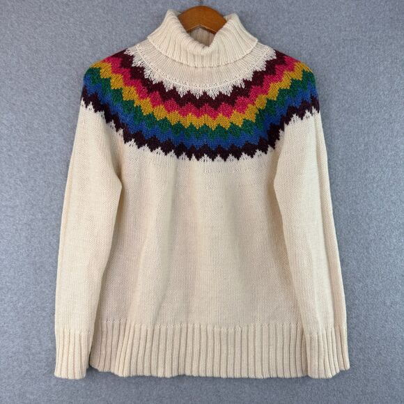 Alya Sweaters - Alya Women's Fair Isle Multi-Color Ivory Wool Blend Turtleneck Sweater Preppy M